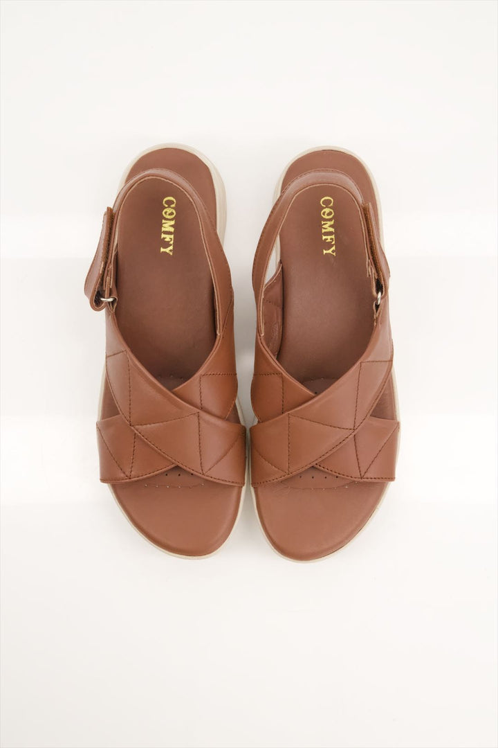 Classic Cognac Leather Comfort Women Sandals for Summer