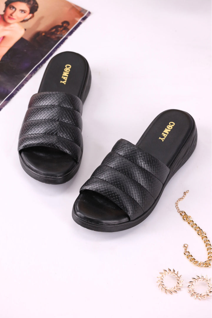 Medicated Black Leather Slides Shoes for Girls