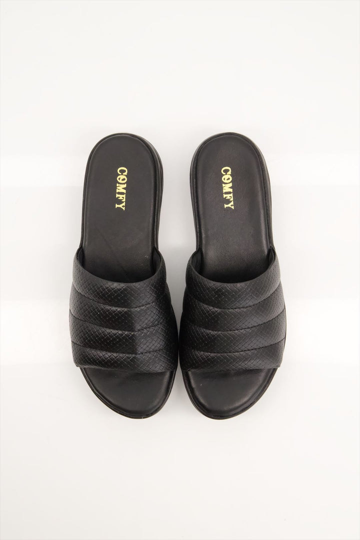 Medicated Black Leather Slides Shoes for Girls