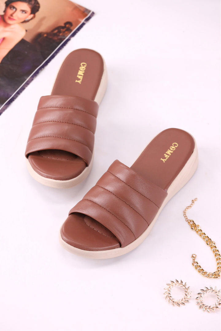 Luxe Brown Medicated Leather Slides Shoes for Women