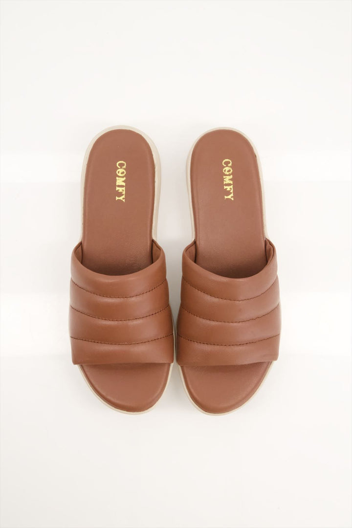 Luxe Brown Medicated Leather Slides Shoes for Women