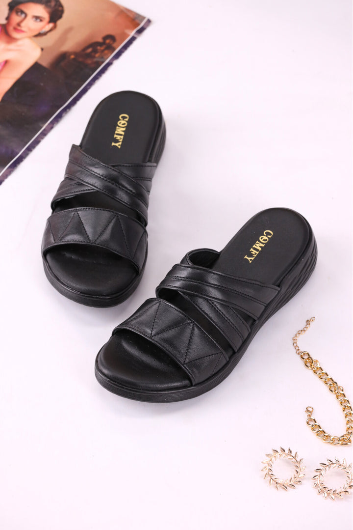 Medicated Black Sheep Leather Crisscross Slides Shoes Women