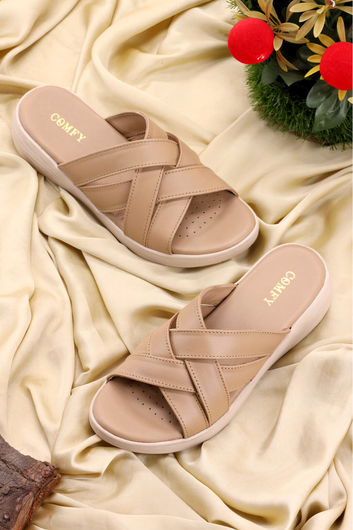 Women's Medicated Beige Crisscross Slides Shoes Pakistan